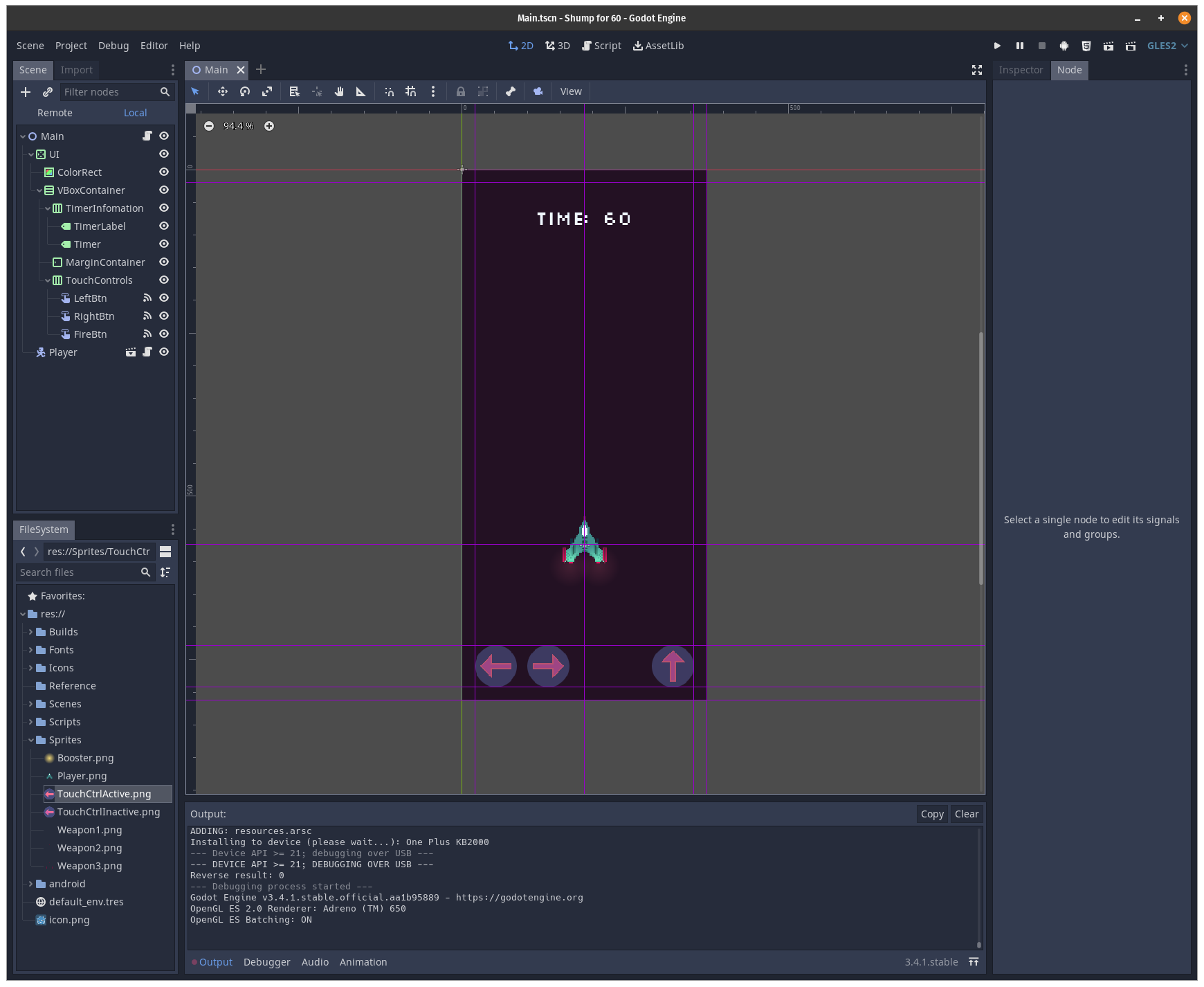 Screenshot of Godot environment for sixty second shump